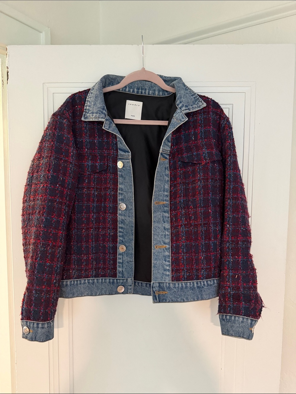 Sandro Tweed & Denim Mix Jacket — Burgundy Plaid